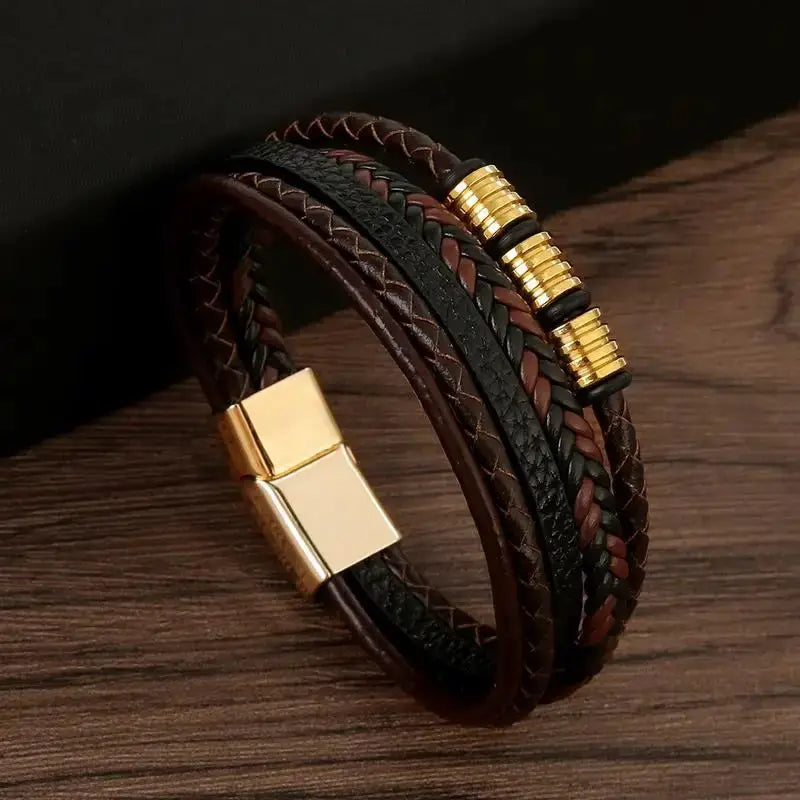 Classic Mens Leather Bracelet Hand Woven Multi Layer Style Fashion Jewelry For Men Durable Casual Accessory