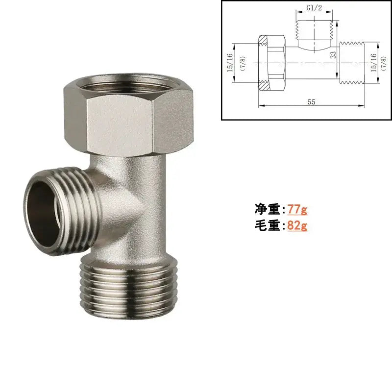Brass T Valve Adapter Connector with 3/8, 1/2, 9/16 in threads for toilet/bidet fittings