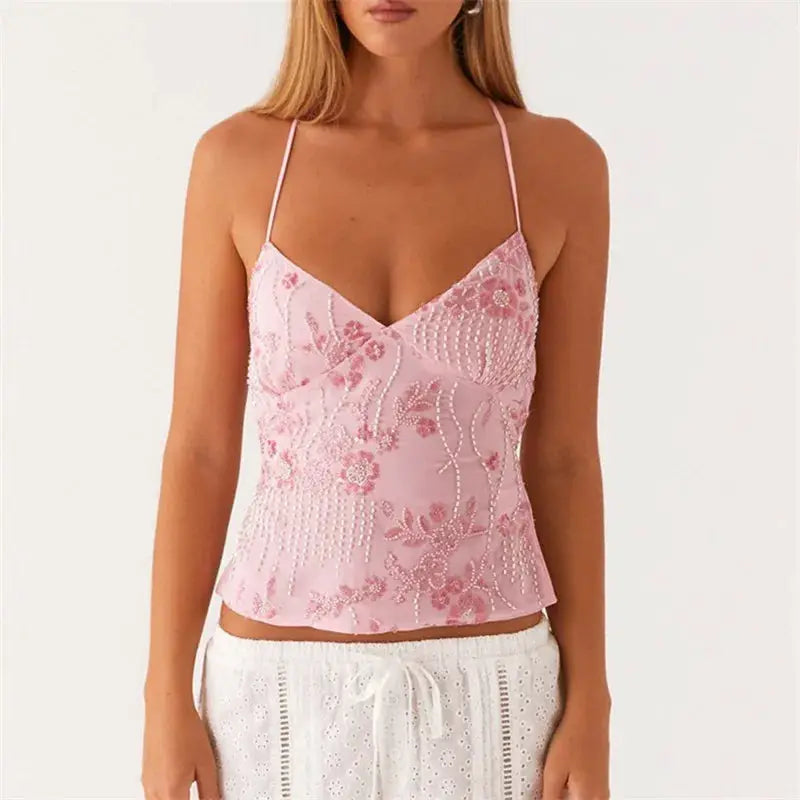 GlamNova Y2K Sequin Halter Crop Top With Pearl Embellished Cami Breathable Stretch Fit Rhinestones