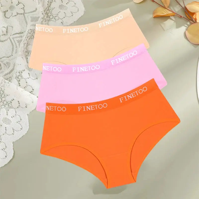 FINETOO cotton women's low-waist briefs, 3-pack in orange, pink and beige with branded white waistband