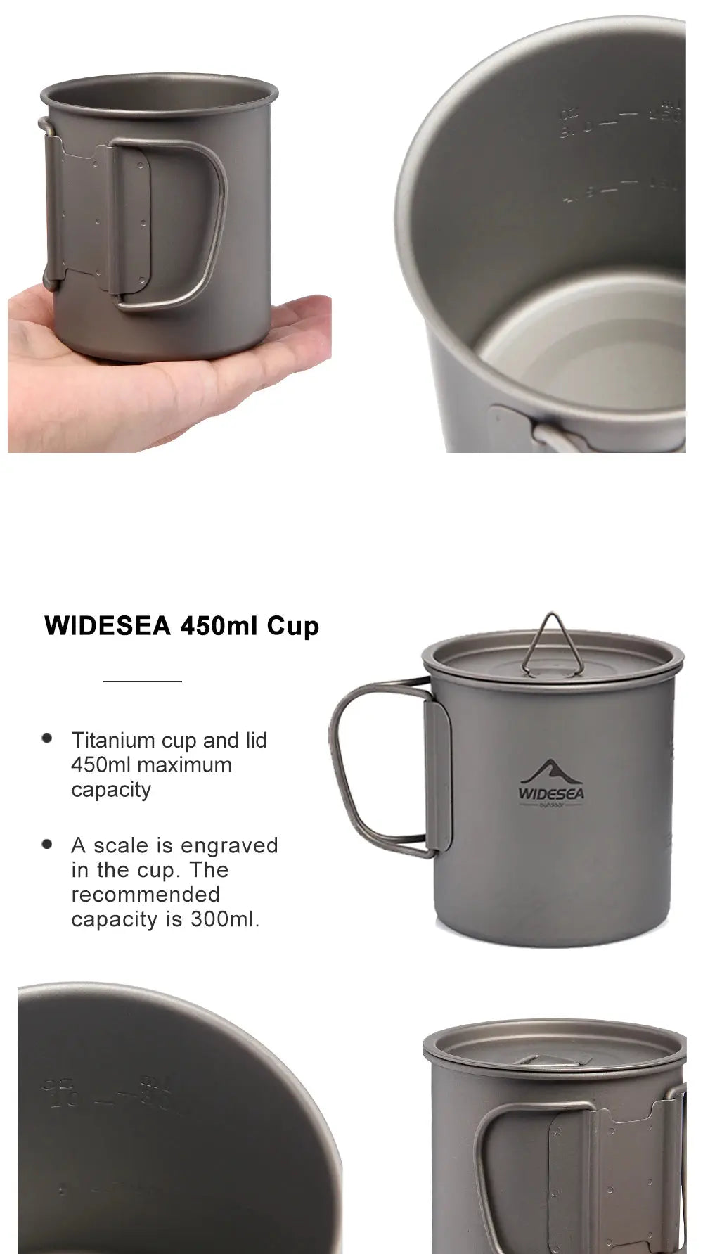 Camping mug Widesea titanium 450ml with lid and foldable handle, outdoor cookware by Simples Market