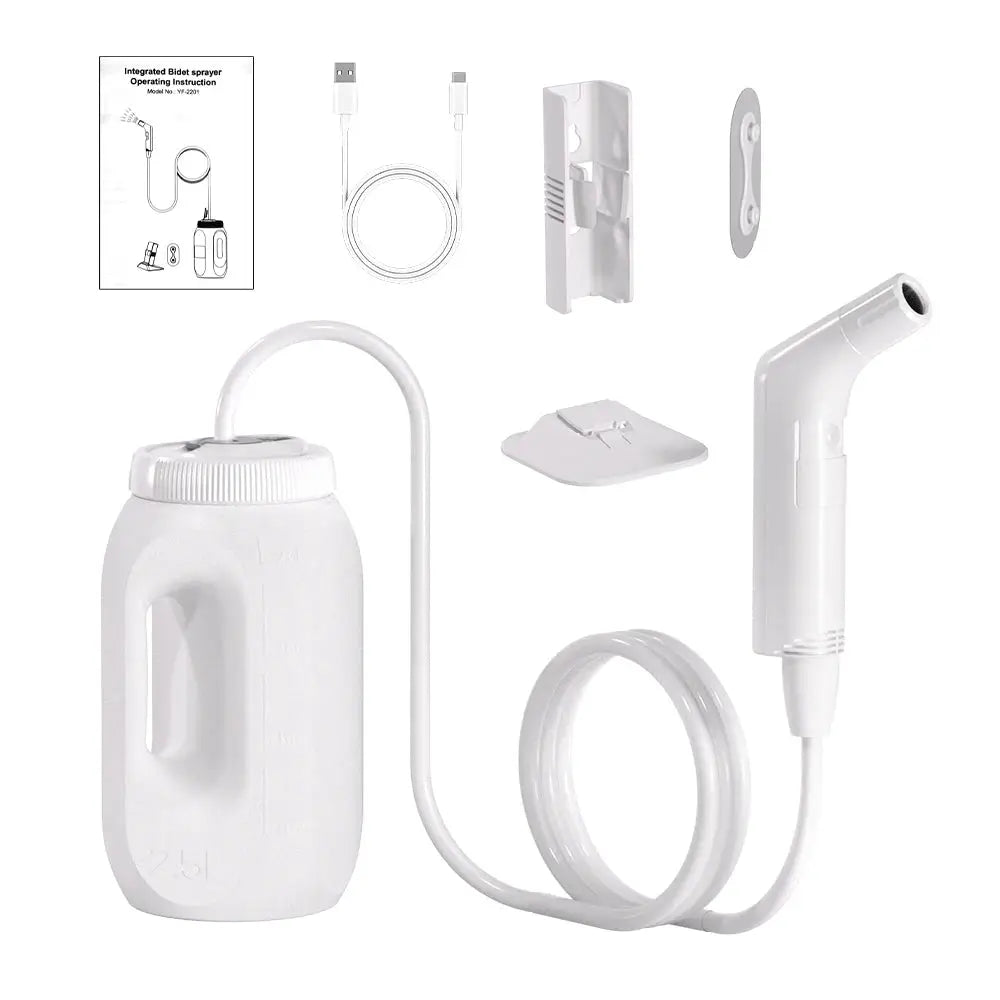 Simples Market 2.5L portable electric bidet kit with white handheld sprayer, USB cable, and wall mount