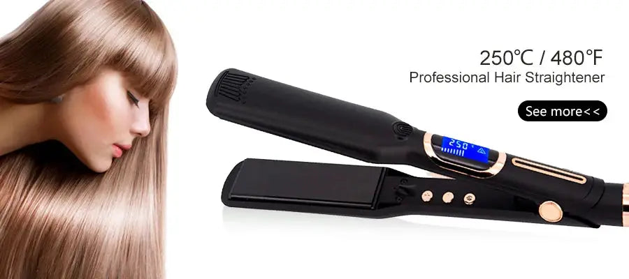 Steam hair straightener with ceramic vapor, black flat iron with blue digital display and gold accents.