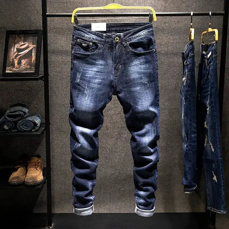 Men's American Elastic Straight Jeans with ripped distressed details, blue-black denim, slim-fit cotton pants