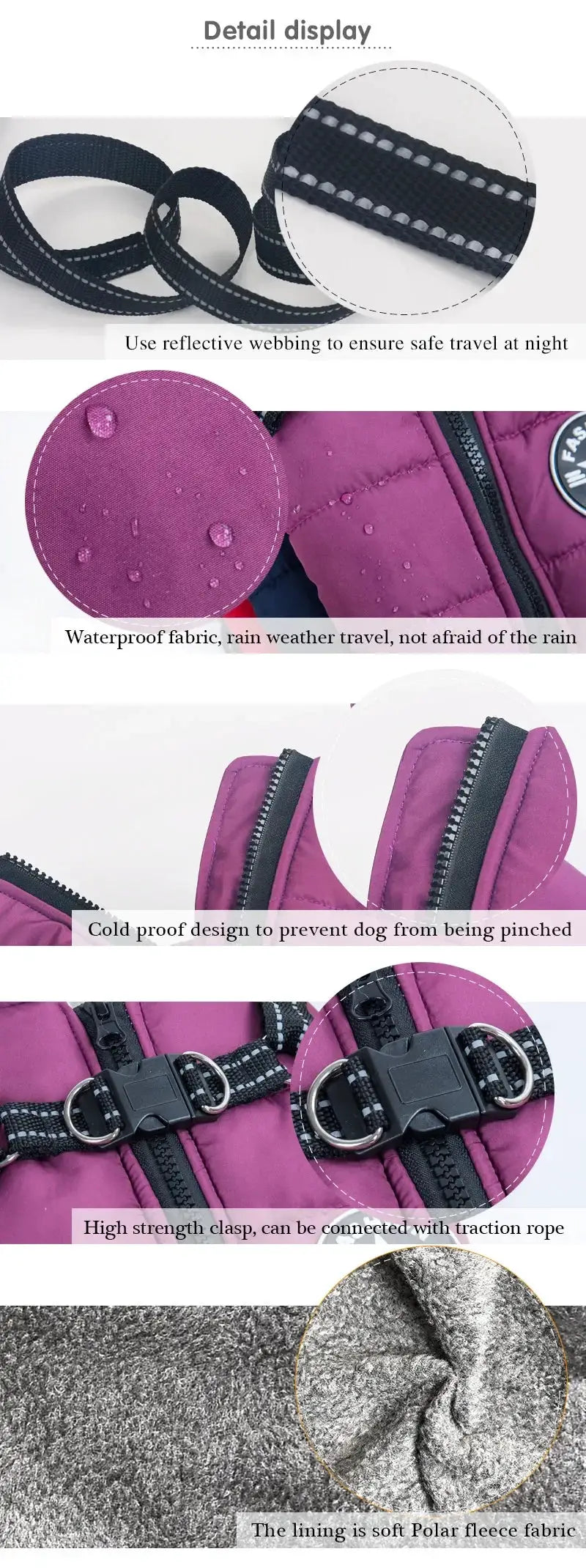 Large dog jacket with harness by Simples Market; purple waterproof coat with reflective webbing and fleece lining.