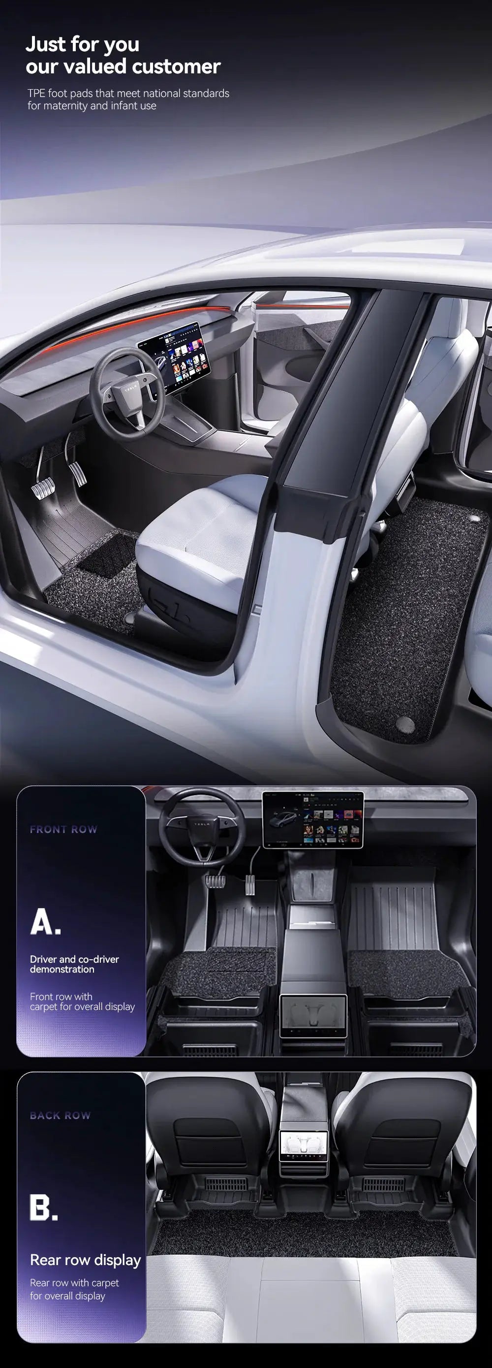 YZ 360° full-cover TPE floor mats for Tesla Model Y 2025–2026 Juniper, front & rear 4-pc, Simples Market