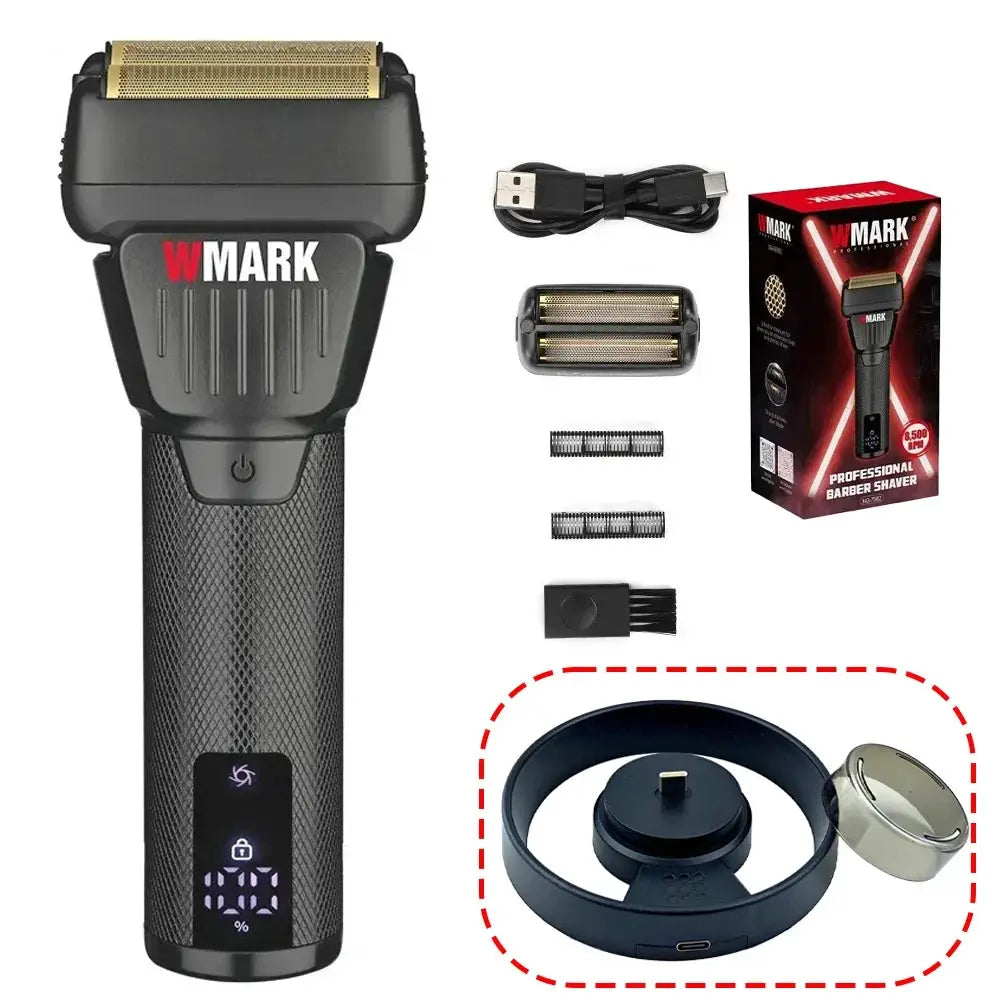 WMARK NG-7982 trimmer by Simples Market with 9000RPM LCD display and titanium blades; USB cable and charging dock
