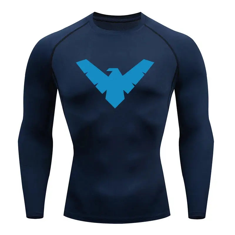 Men's navy long-sleeve compression shirt with blue chest logo for gym, quick-dry fabric