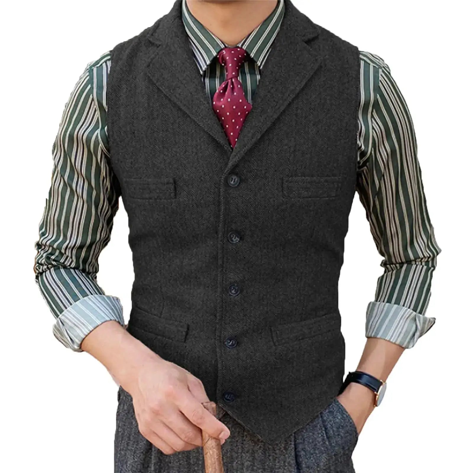 Mens wool herringbone vest waistcoat in dark grey with lapels and front buttons