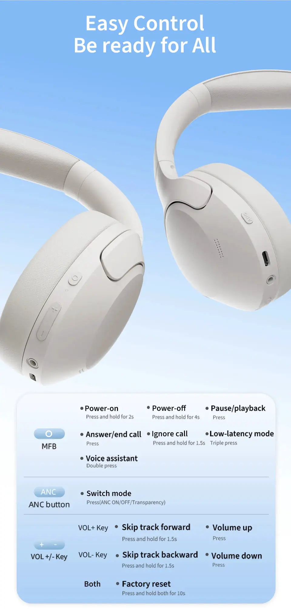 QCY H3 Lite ANC wireless over-ear headphones, white, foldable, Bluetooth 5.3, 60h playtime