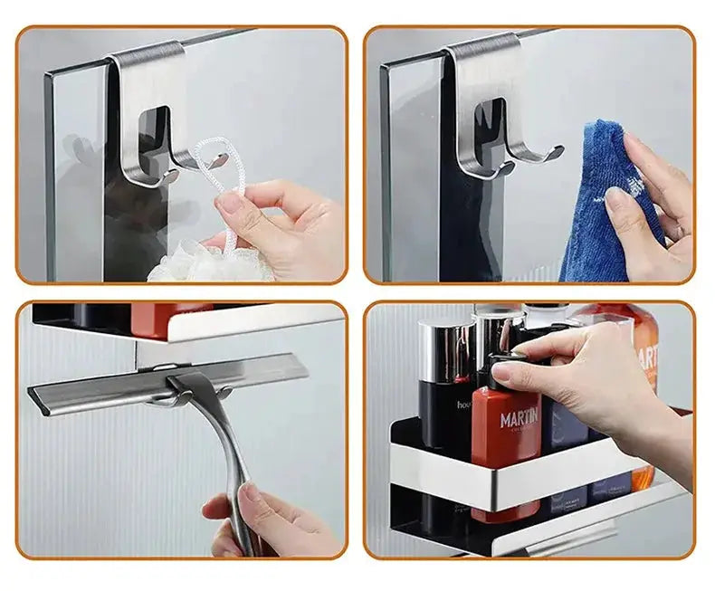 Movable no-drill bathroom shelf organizer with steel frame, glass-clip mount, and hanging storage for bottles and towels.