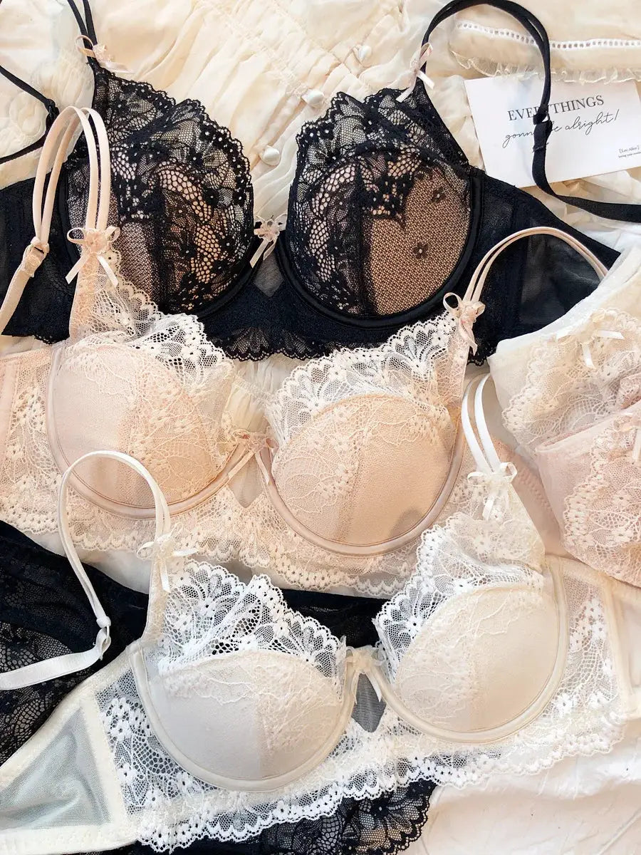 Lace Push Up Bra Lingerie Set With Bow Three Quarter Cup Bralette