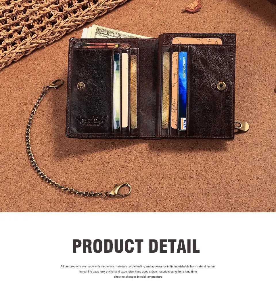 Real leather men's wallet with RFID blocking, short bifold featuring zipper coin pocket and anti-theft chain