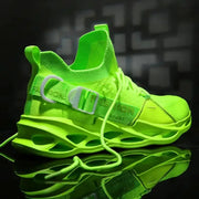Sneakers neon green mesh athletic shoes with a thick sculpted sole and strap detail