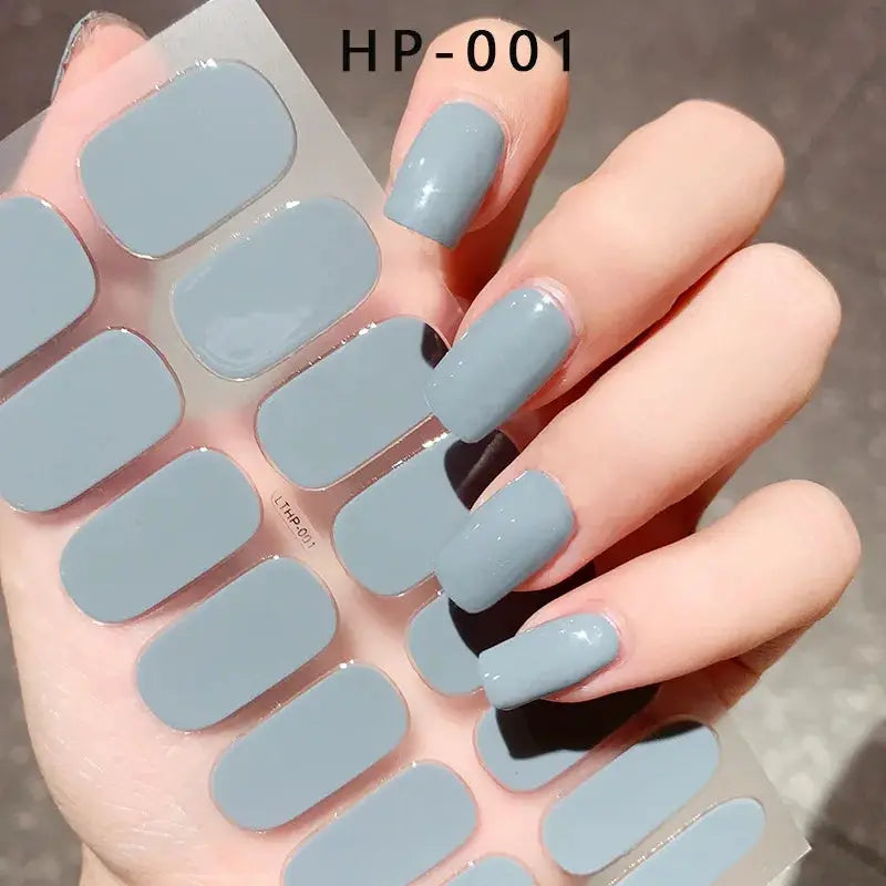 Semi-cured gel nail wrap sheet HP-001 in blue-grey full-cover decals for UV lamp curing.