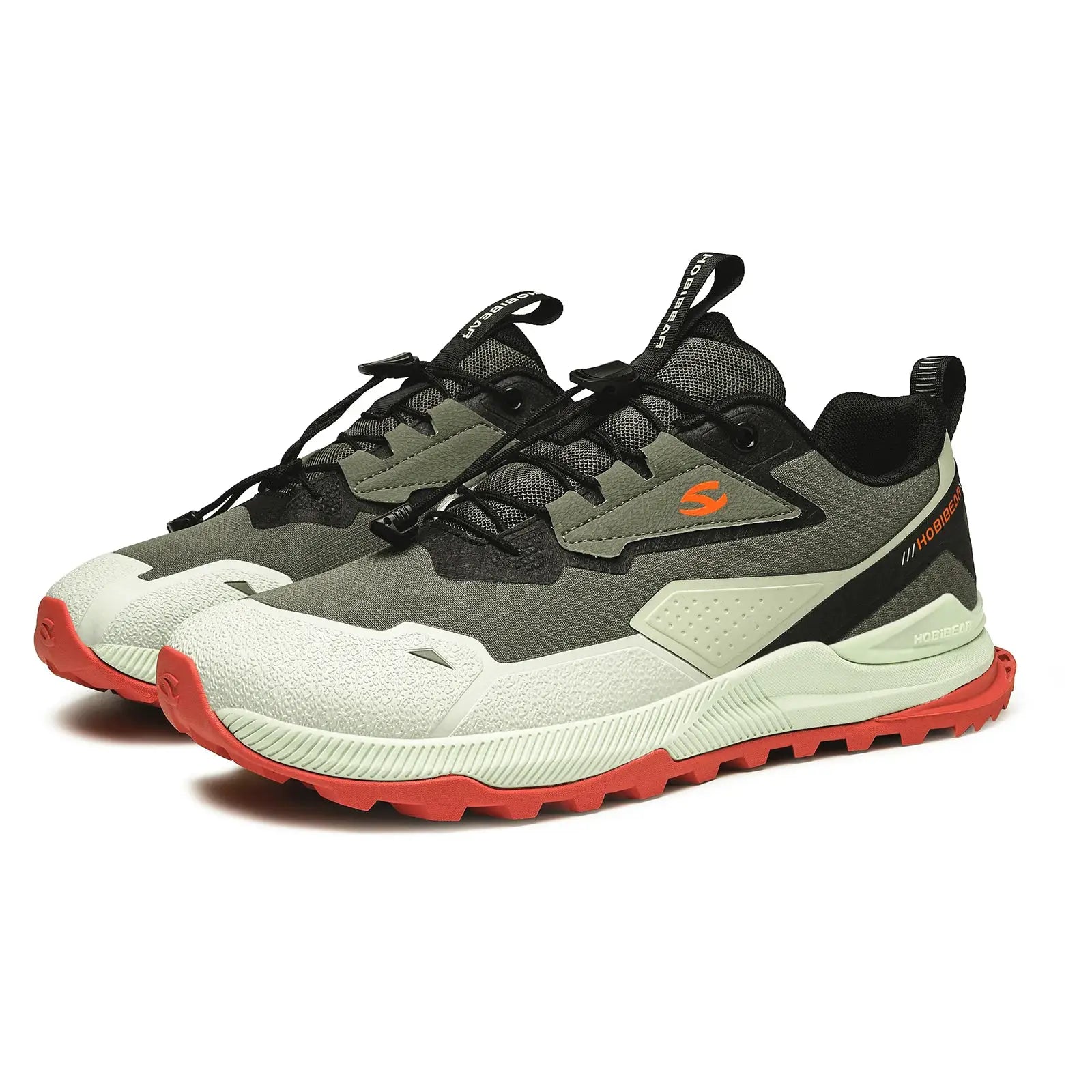 Hobibear hiking shoes, unisex gray/olive sneakers with orange accents and non-slip outsole