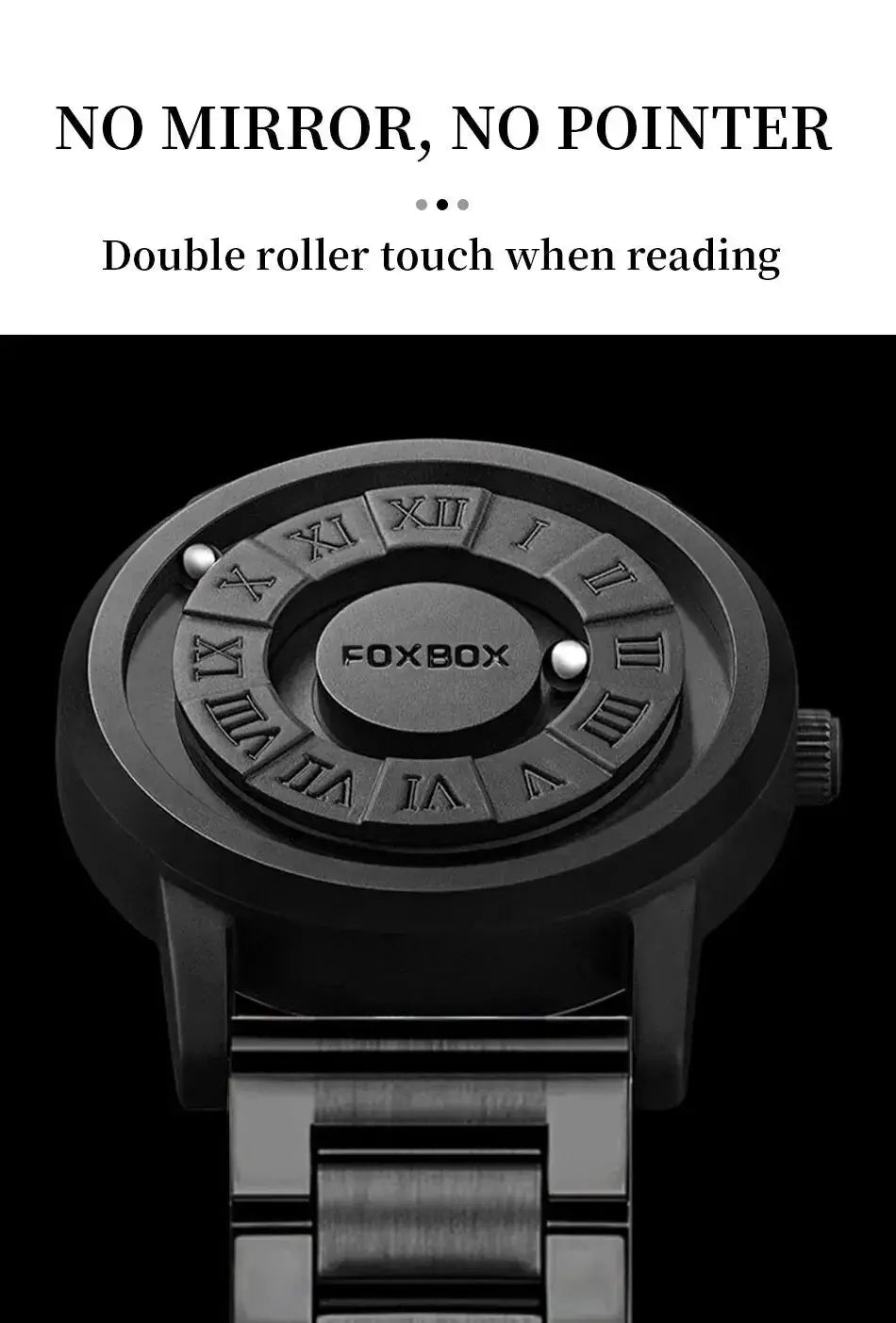 FOXBOX watch by Simples Market, black stainless steel bracelet, round dial with Roman numerals.