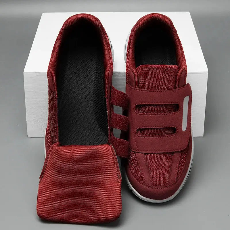 Wide toe red orthopedic diabetic sneakers with Velcro straps, pair