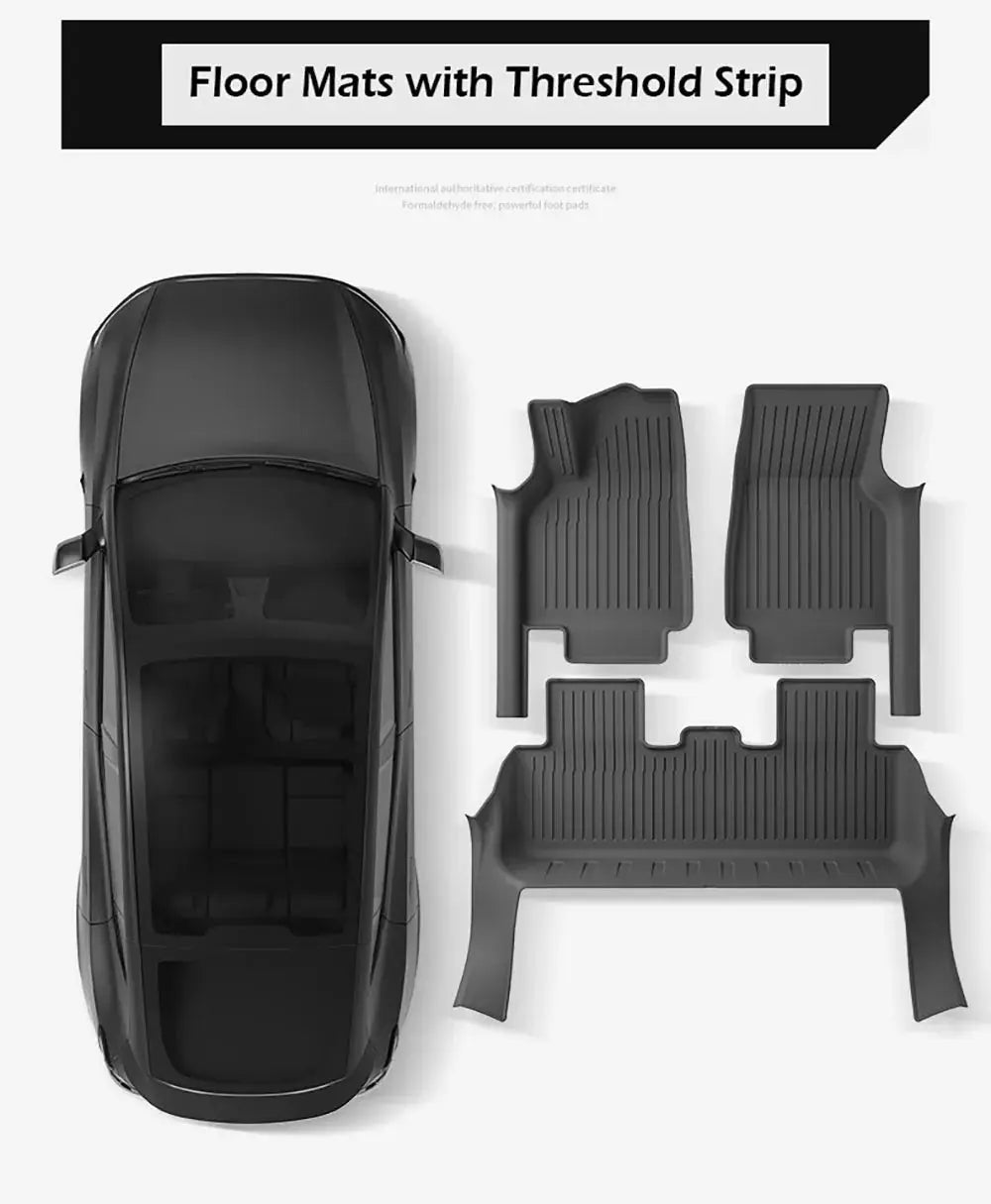 Tesla Model Y floor mats by Simples Market; 4-piece dark-gray all-weather set with door sill protection