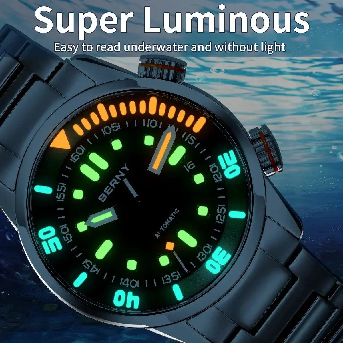 BERNY automatic dive watch for men with superluminous dial, glow-in-the-dark markers, stainless steel bracelet, 20ATM water resistance