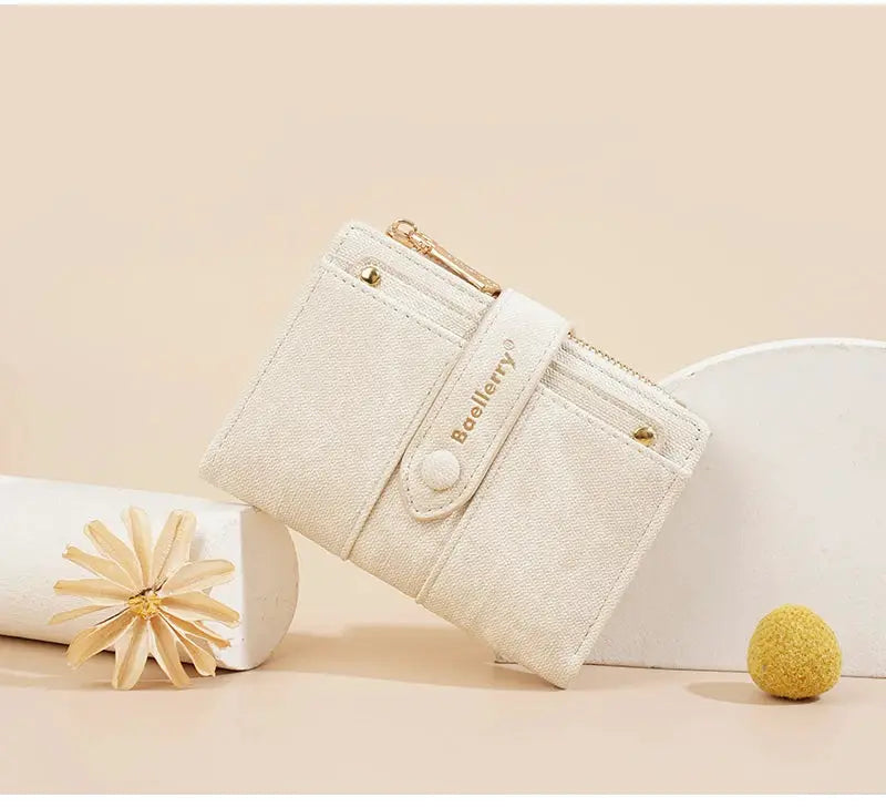 Baellerry beige fabric women's short wallet with zipper coin pocket and detachable card clip