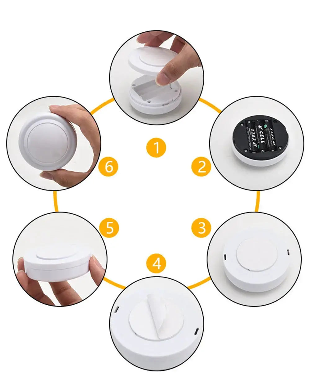 Simples Market RGB under-cabinet wireless battery LED light with remote, dimmable, round white unit.