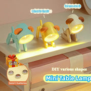 LED mini night light desk lamps; wooden foldable dog and deer shapes in pastel blue, yellow and white (set of 3)