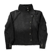 Simples Market Y2K fencing jacket in black vintage wash canvas; unisex with stand collar and asymmetric buttons