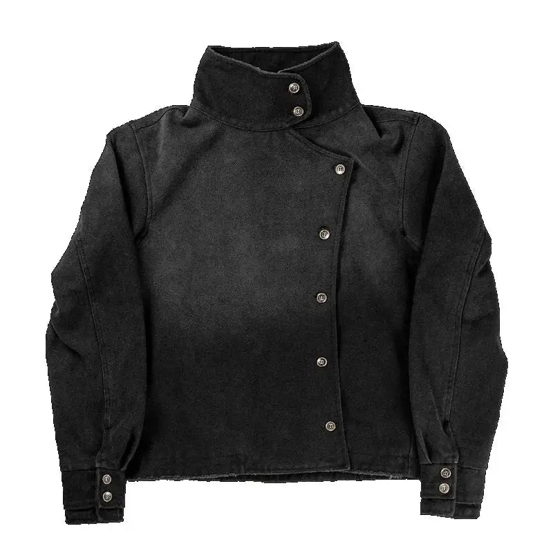 Simples Market Y2K fencing jacket in black vintage wash canvas; unisex with stand collar and asymmetric buttons