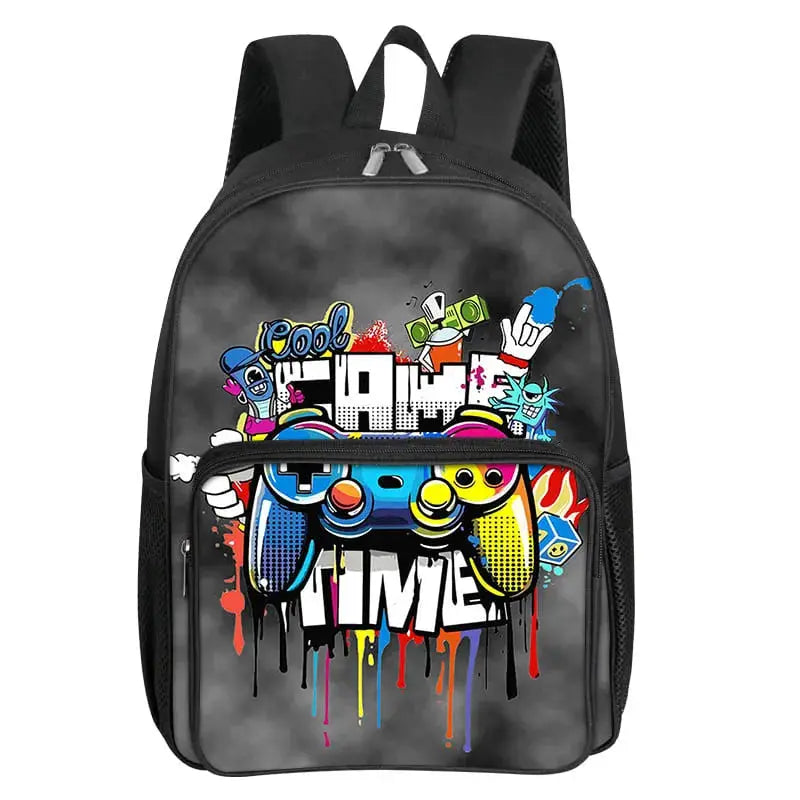 Backpack with GamePad pattern graffiti print, black-gray design, Simples Market