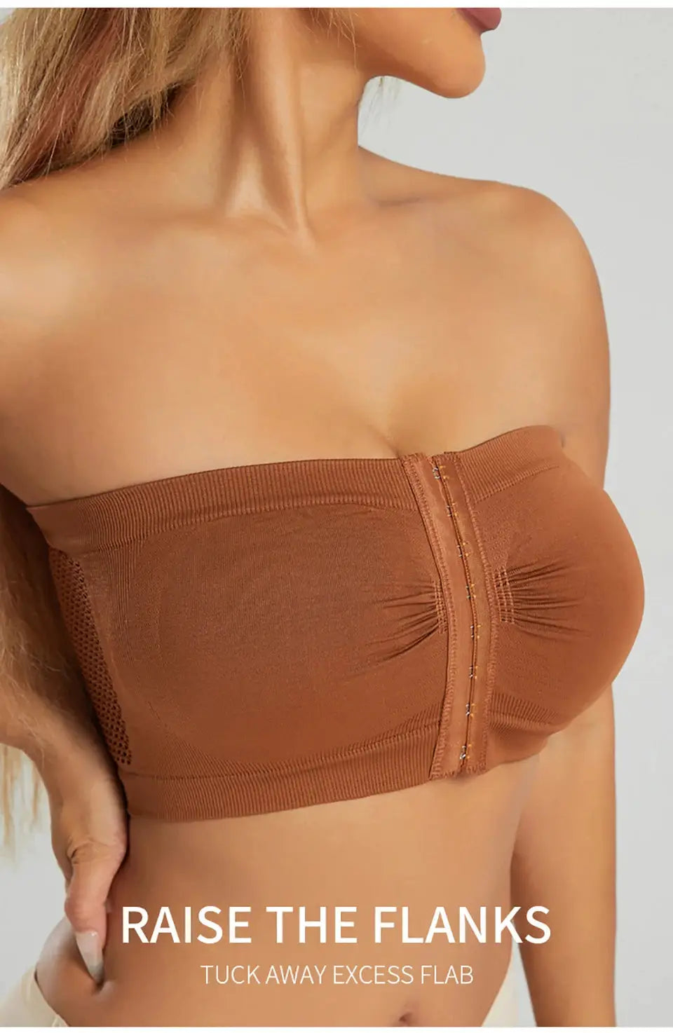 Simples Market women's plus-size strapless bandeau bra in tan, seamless wireless front-closure bralette