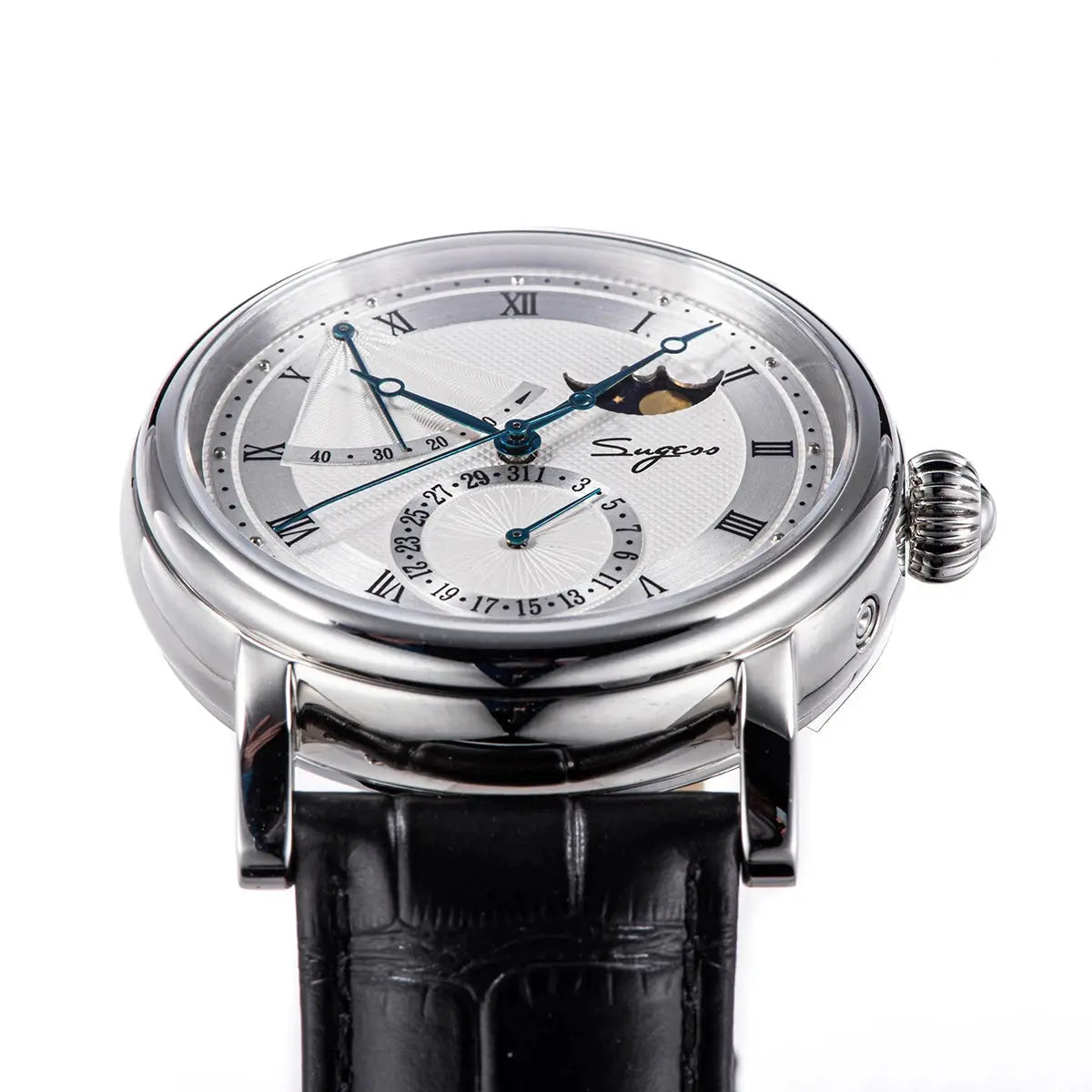 Sugess Moonphase men's wristwatch with silver-tone case, sapphire glass, blue hands, moon phase, black leather strap
