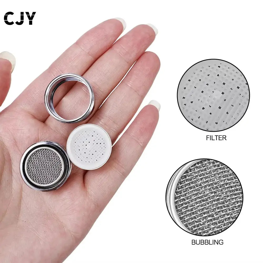 3-piece aerator faucet parts set by Simples Market: metal ring, white filter disk, and stainless steel bubbler.