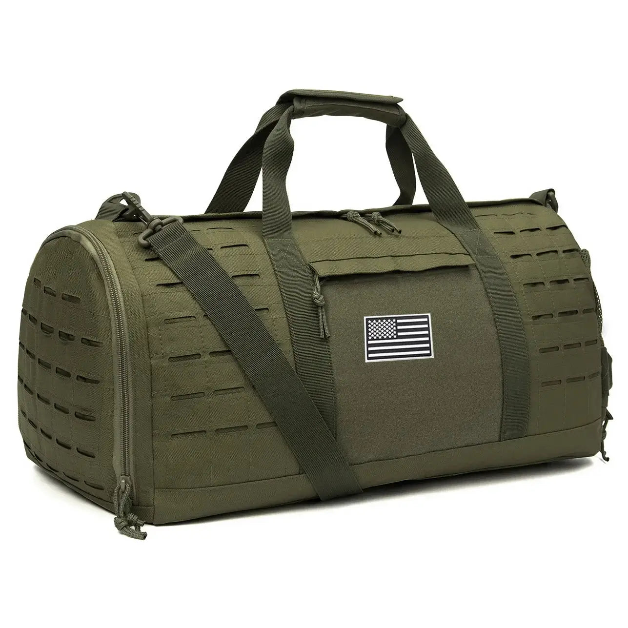 Simples Market 40L tactical gym duffel bag in olive green with MOLLE webbing and American flag patch