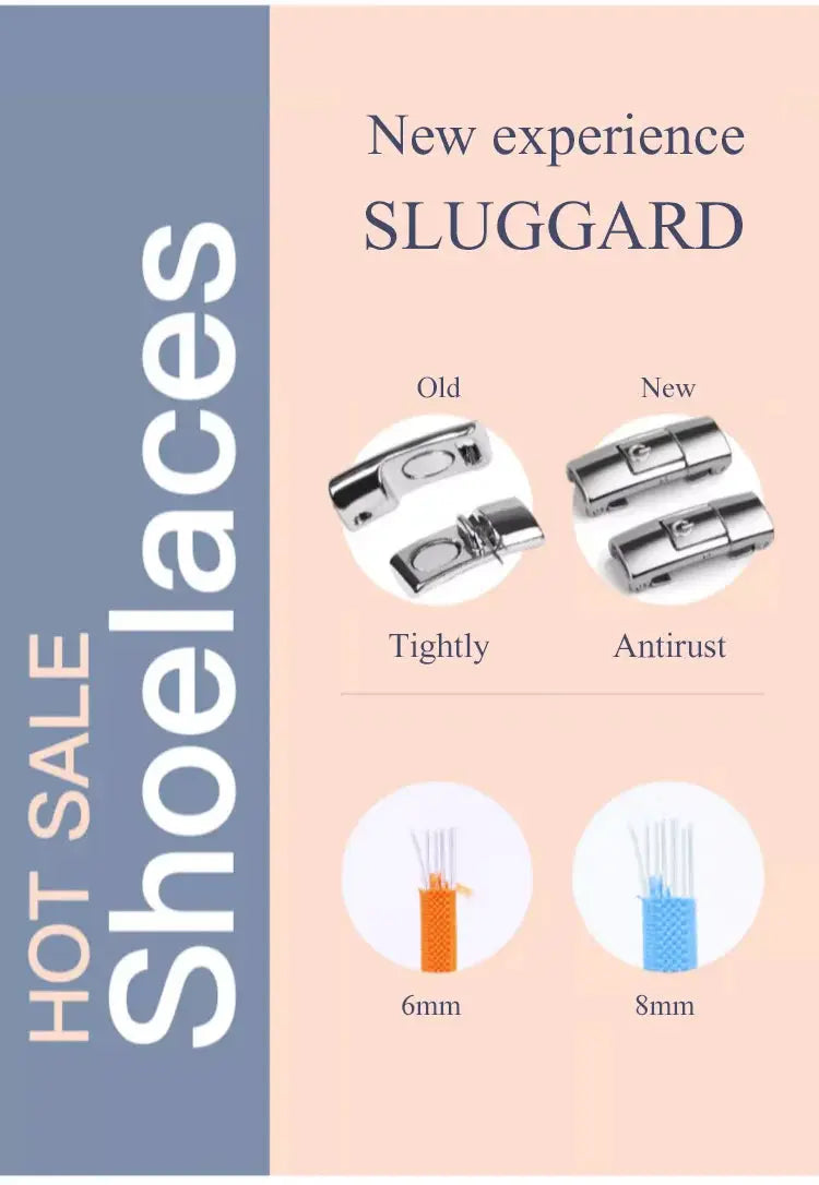 Simples Market no-tie elastic shoelaces, 8mm wide, flat press-lock laces; orange 6mm and blue 8mm samples