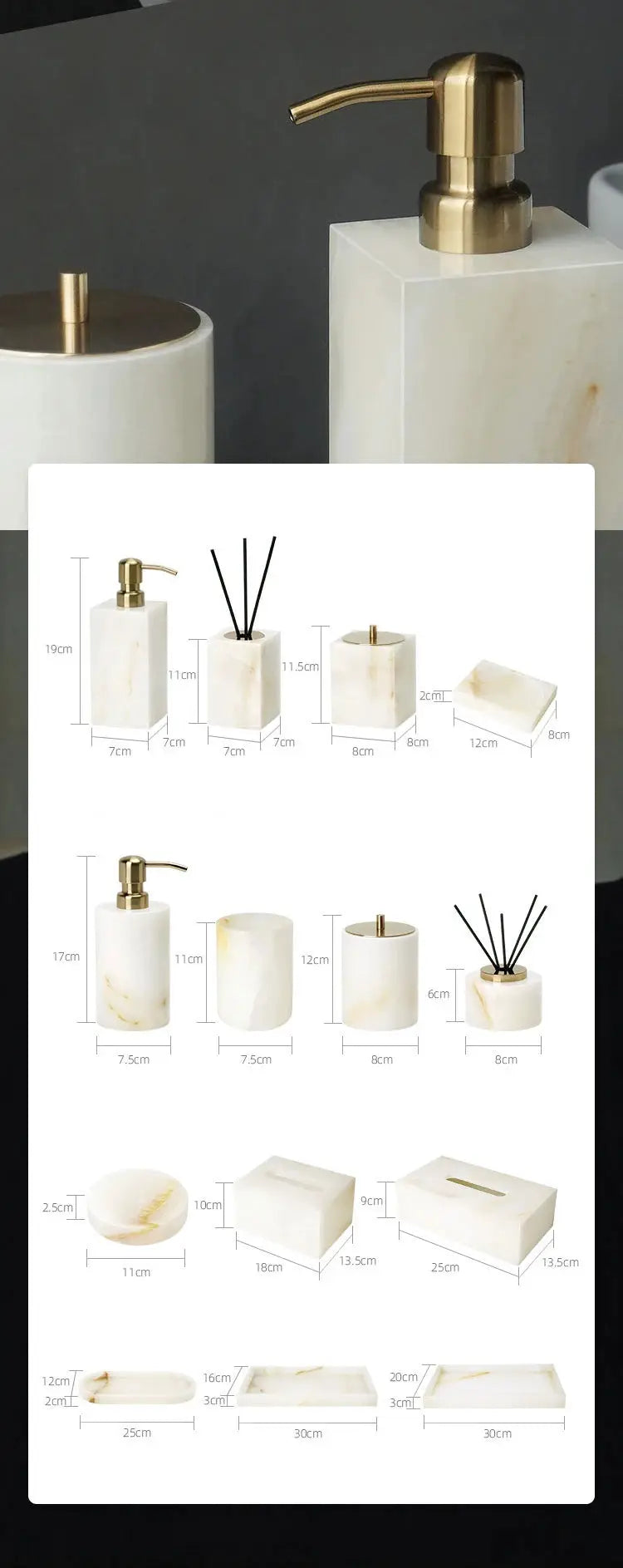 Simples Market white onyx marble bathroom accessories set with brass soap dispenser, tissue box, and vanity tray