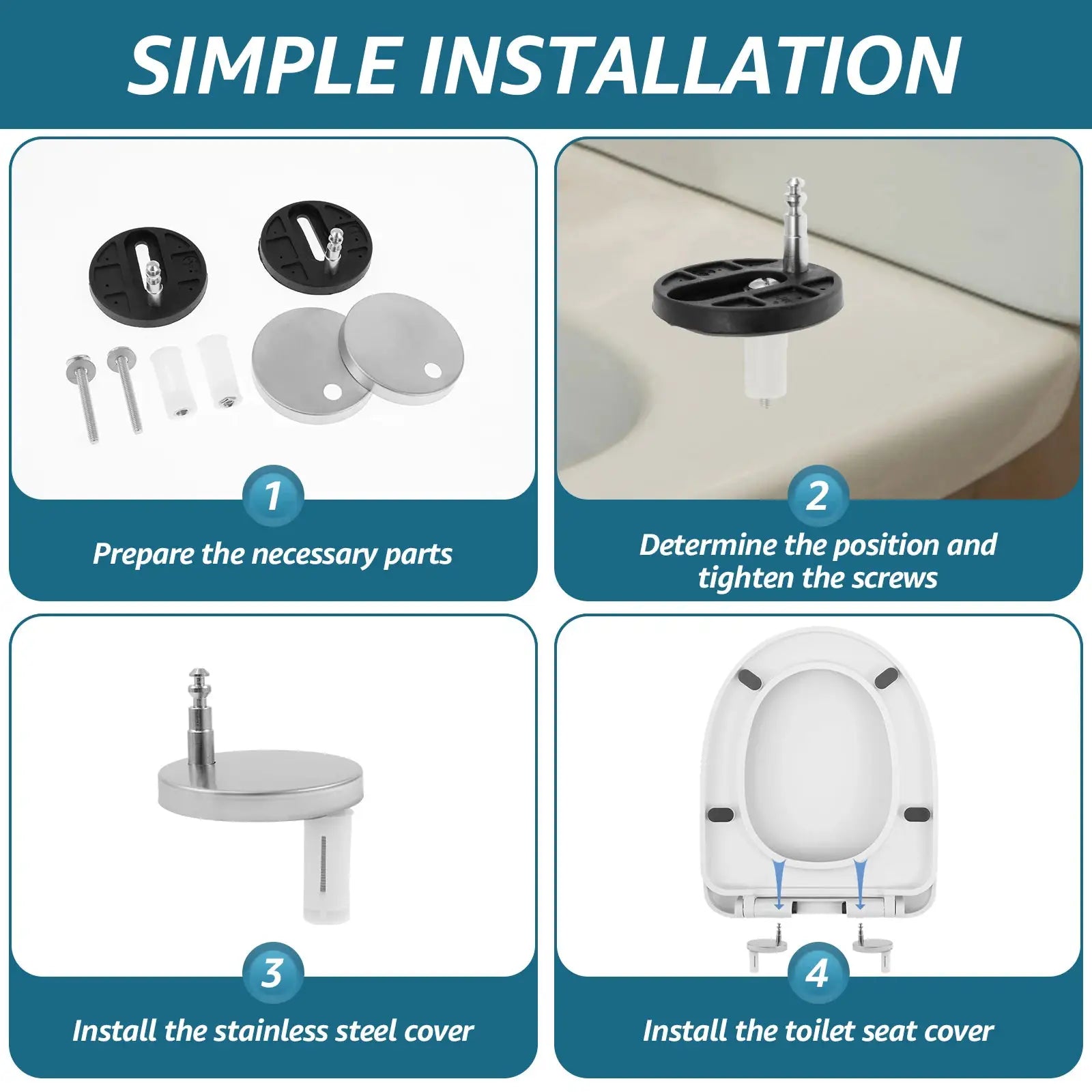 UV-shaped toilet seat by Simples Market with slow-close lid; 4-step installation guide and mounting hardware
