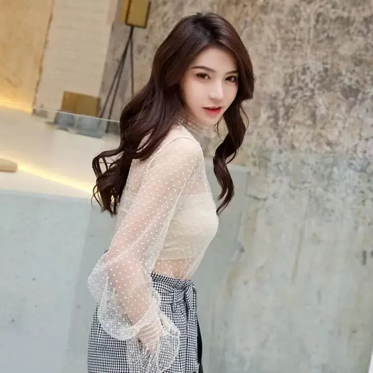 Sexy women mesh long-sleeve sheer blouse with dotted pattern in ivory, two-piece outfit with checkered pants