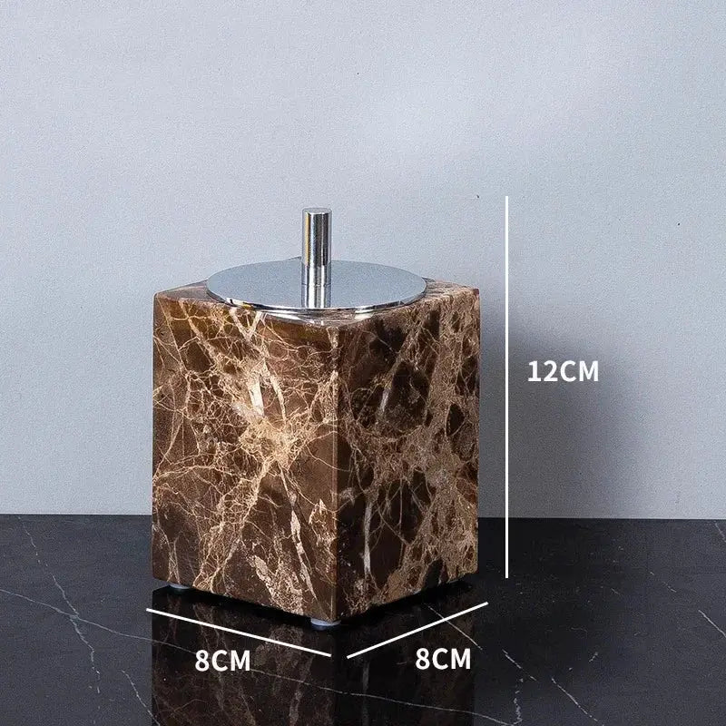 Emperador Dark brown marble bathroom set with silver top; toothbrush holder, soap dish, and dispenser, 8x8x12 cm