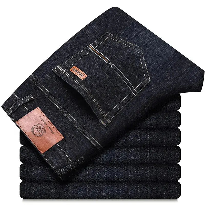 Set of six men's dark indigo denim jeans by Simples Market, leather patch and back pocket stitching