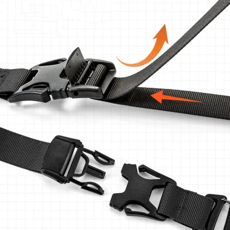 Outdoor luggage strap with adjustable plug-in buckle; black nylon webbing.