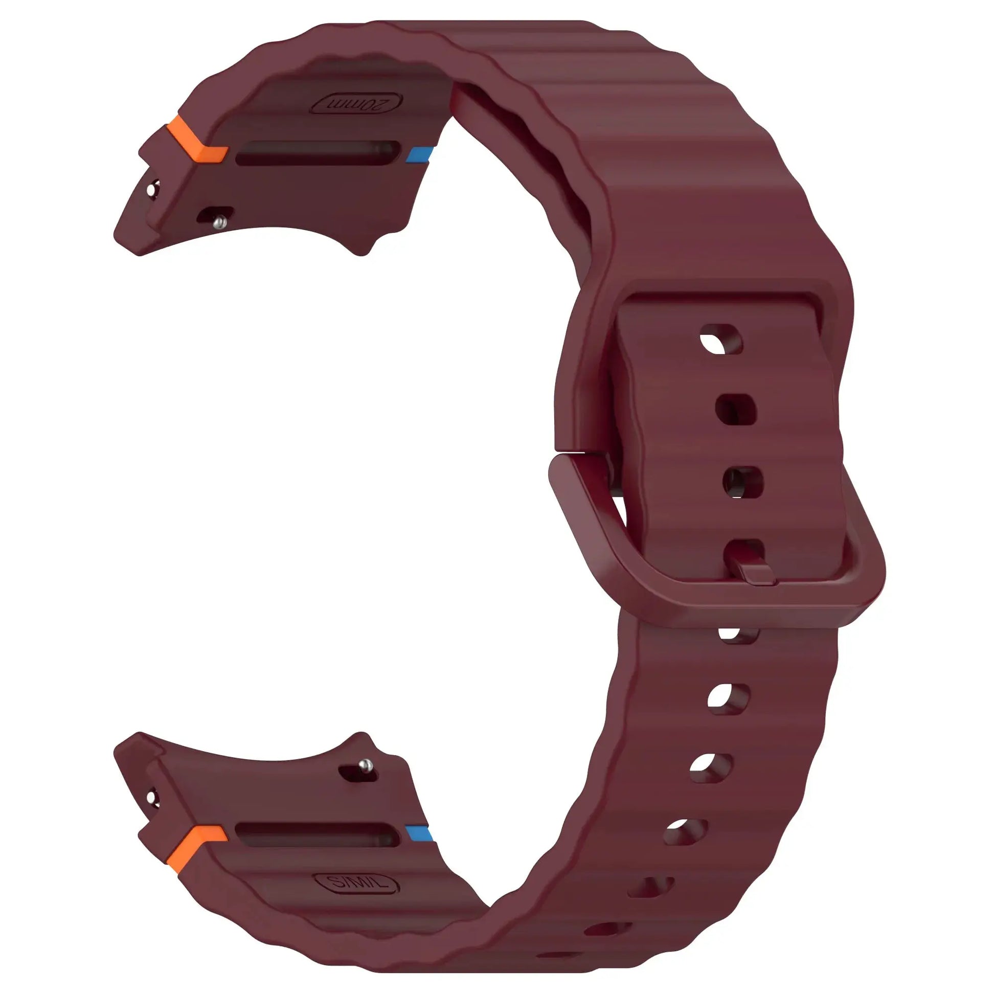 Two-piece burgundy silicone Galaxy Watch strap for Samsung Galaxy Watch 7/FE/5 Pro/6/4, with orange and blue accents.