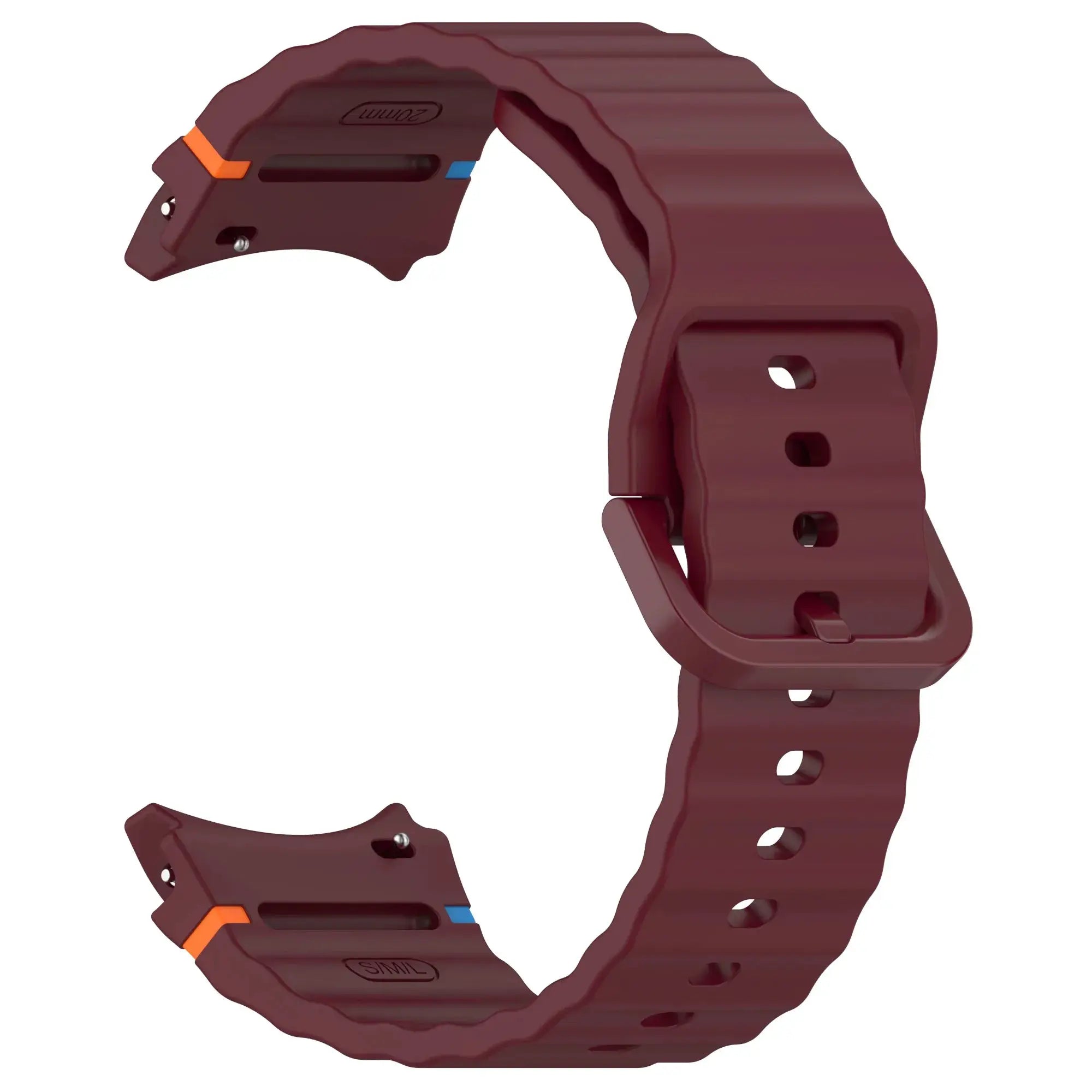 Two-piece burgundy silicone Galaxy Watch strap for Samsung Galaxy Watch 7/FE/5 Pro/6/4, with orange and blue accents.