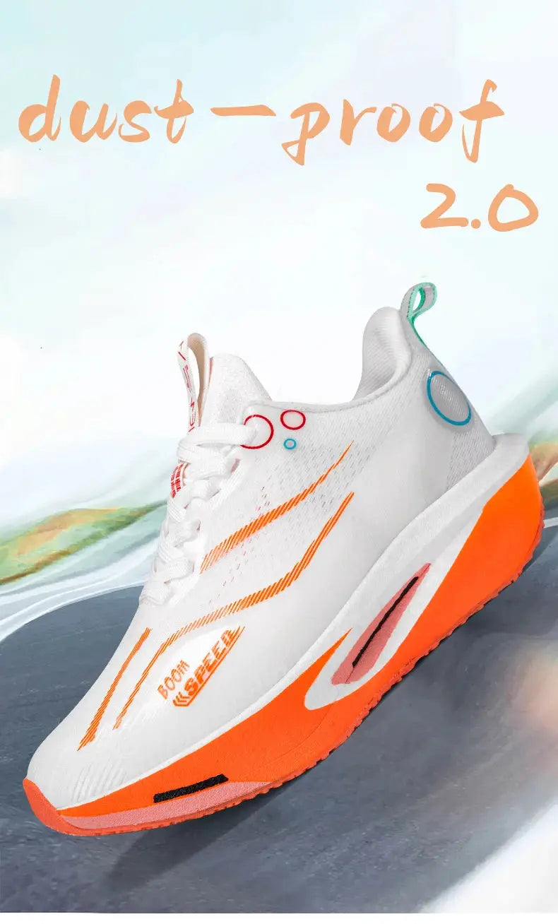 Carbon plate running shoe white with orange sole; breathable mesh upper and teal heel loop