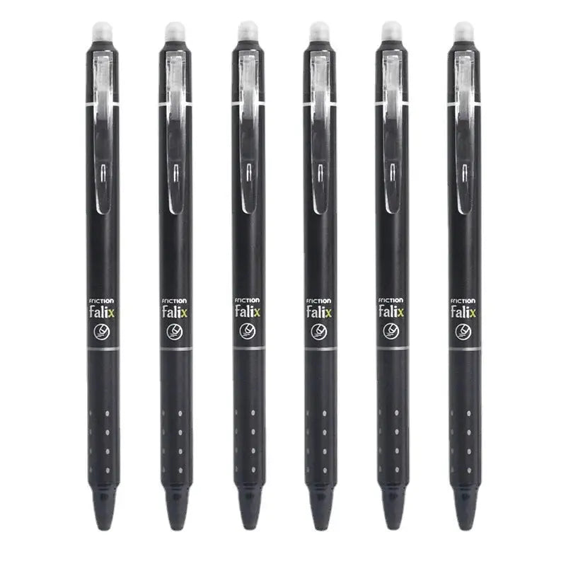 Six Falix 0.5mm retractable erasable gel pens with built-in erasers and refills, black and blue ink