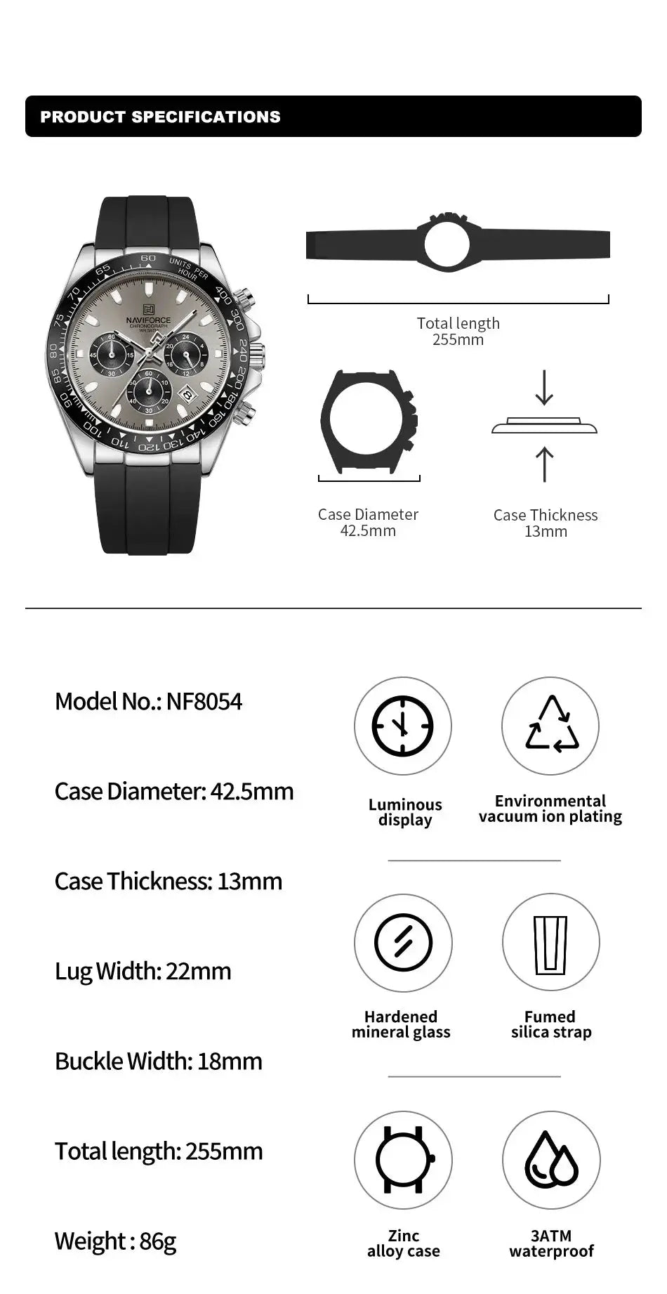 NAVIFORCE men's chronograph watch with black silicone strap, stainless steel case, and multiple subdials