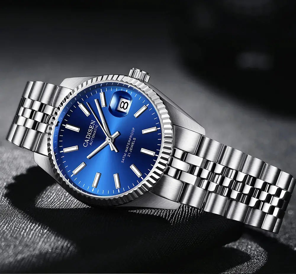 CADISEN men's automatic wristwatch with blue dial, stainless steel bracelet, and 5ATM waterproof.
