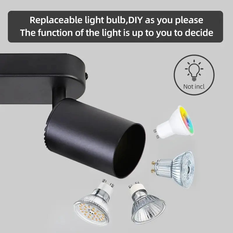 Modern GU10 LED ceiling spotlight track light kit with black adjustable housing and 5 replaceable bulbs