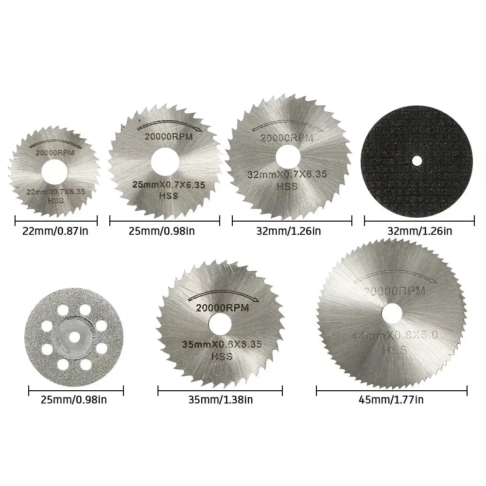 Six To Thirty Two Pcs Mini Circular Saw Blade Set For Dremel Rotary Tools With Sanding Grinding Wheels And Cutting Discs