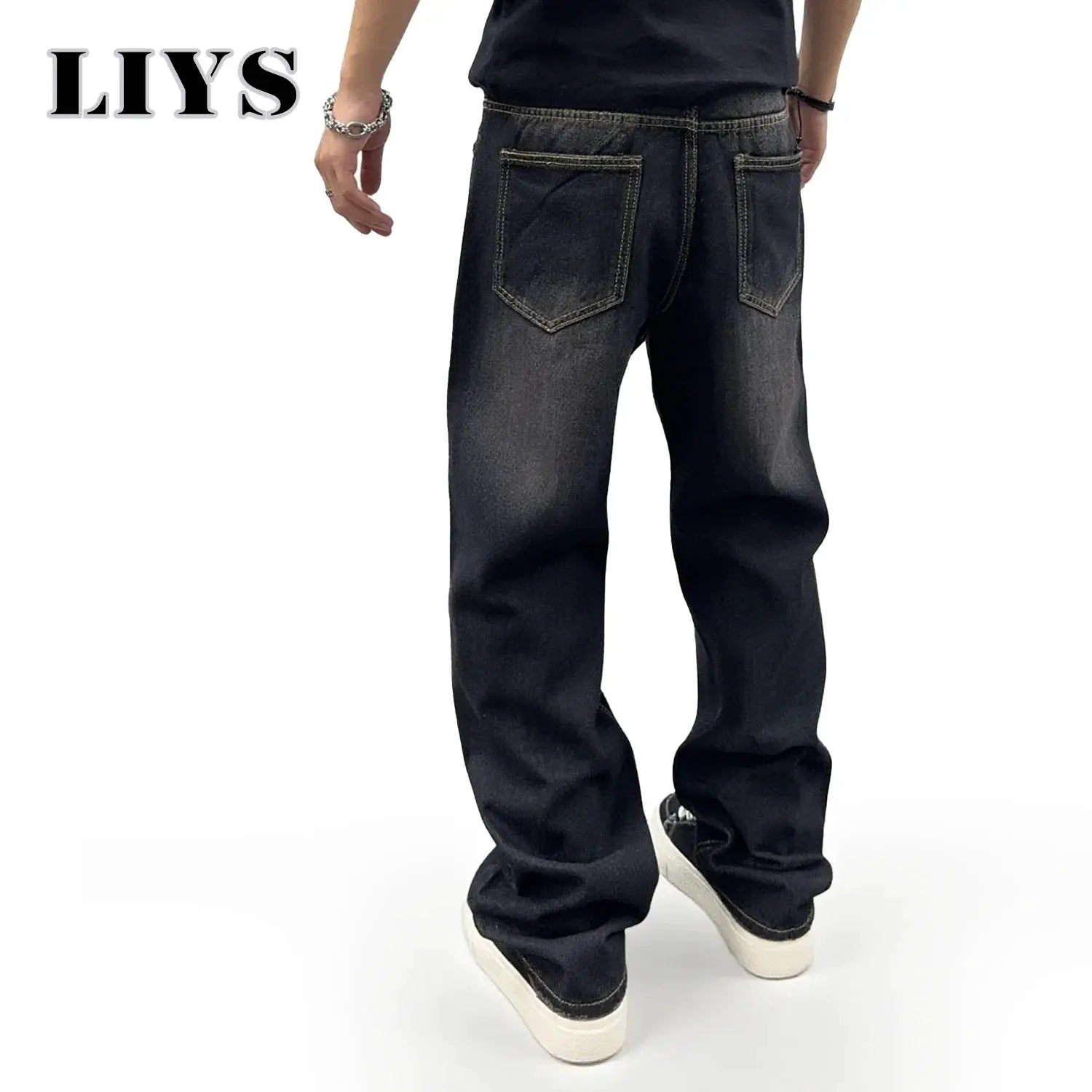 LIYS men's black baggy straight-leg denim jeans with faded wash
